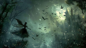 An intriguing wallpaper featuring gothic fairies and bats amidst a mystical shadowy forest setting