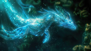 An underwater dragon with bioluminescent scales swimming gracefully through a deep sea environment