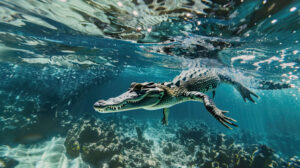 An underwater view of a crocodile swimming through clear blue water, its powerful tail propelling it forward with silent precision