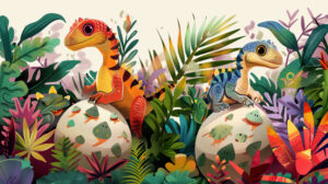Baby dinosaurs emerging from eggs playfully adorn a backdrop of vibrant prehistoric foliage in a wallpaper titled Dino Hatchlings Among Colorful Plants