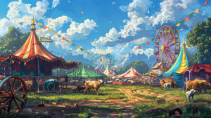 Capture the colorful essence of a vibrant country fair with lively tents spinning Ferris wheels and charming farm animals embodying the festive spirit of rural festivities