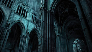 Capture the eerie essence of a gothic cathedral at night under the full moons glow adorned with elaborate stone carvings and colorful stained glass windows in a wallpaper