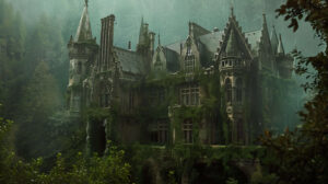 Capture the essence of a gothic mansion with ivy clad walls and tall spires set amidst a hauntingly dense forest in the wallpaper titled EnchantedGothicRetreat.jpg