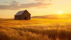 Capture the serene essence of a quaint barn nestled among sunlit golden wheat fields beneath the setting sun. File name RusticBarnSunset.jpg