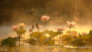 Capture the tranquil beauty of a lotus pond at sunrise where golden light envelops the flowers and a mist gracefully ascends from the water