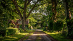 Capture the tranquil beauty of a rural landscape a picturesque country lane flanked by towering trees guiding to a charming cottage tucked amid verdant gardens