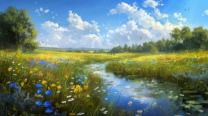 Capturing a peaceful scene of a rural meadow adorned with blossoming wildflowers busy bees and a tranquil stream meandering through it
