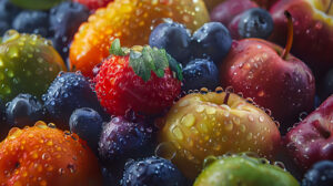 Capturing a variety of mixed fruits in a close up highlighting their diverse textures and colors with water droplets enhancing their fresh and juicy appeal