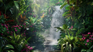 Capturing dense tropical vegetation rich in vibrant green leaves exotic blooms and concealed cascades this wallpaper evokes a compelling aura of adventure and intrigue