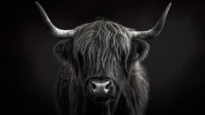 Capturing the detailed fur and rugged texture of a Highland cow this dramatic black and white wallpaper showcases its intricate features