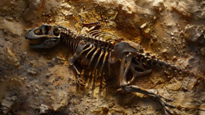 Capturing the detailed structure of a dinosaur fossil within rock this wallpaper features an artistic depiction of intricate skeletal bones