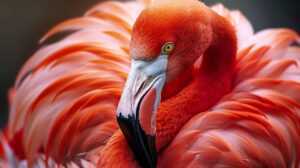 Capturing the intricate beauty of a flamingos vivid pink feathers and elegant curves in a close up of its face and neck. 144 characters