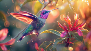 Capturing the vibrant essence of a hummingbird in mid flight its iridescent feathers glistening under the sunlight as it hovers near a flower is this wallpaper titled Fluttering Jewel