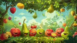 Cheerful orchard setting featuring cartoon style smiling fruits interacting on playful wallpaper