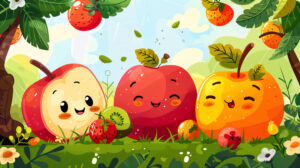 Cheerful orchard wallpaper featuring cartoon style fruits happily interacting and smiling