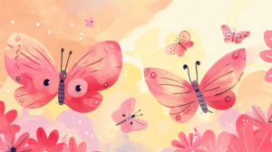 Cheerful wallpaper featuring playful cartoon style pink butterflies with happy faces on a pastel background