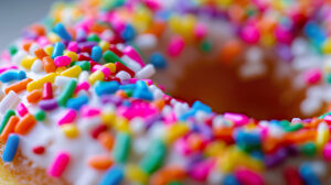 Close up capture of a rainbow sprinkles coated donut featuring vivid colors and textures that evoke a tantalizing allure ideal for a wallpaper