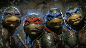 Close up portraits of each Ninja Turtles face showcasing their distinct masks and expressions set against a dark gritty backdrop ideal for wallpapers