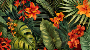 Detailed botanical illustration showcasing tropical plants and flowers featuring intricate details and a vibrant color scheme
