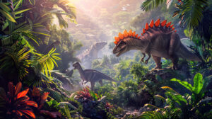 Dynamic wallpaper featuring dinosaurs racing through a lush jungle with vibrant plants and animals all around labeled as dino jungle.jpg