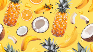 Enjoy a lively design showcasing tropical fruits such as pineapples coconuts and bananas against a vibrant sunny backdrop in this wallpaper file