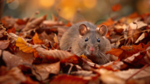 Enjoy a tranquil wallpaper showcasing a rat peering from a stack of autumn leaves featuring cozy earthy hues and gentle lighting