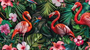 Enjoy a vibrant design showcasing flamingos toucans and other tropical birds surrounded by palm leaves and exotic flowers on a wallpaper