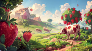 Enjoy a whimsical wallpaper showcasing numerous strawberry cows engaging in playful interactions within a fantasy landscape