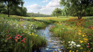 Enjoy this wallpaper capturing a peaceful country meadow filled with vibrant wildflowers humming bees and a serene stream meandering through it