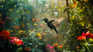 Experience the serene beauty of a flourishing hummingbird garden where these delicate birds gracefully move among colorful blooms and greenery under the soft sunlight