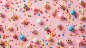 Featuring a vibrant playful design with colorful sprinkles on a pastel pink background capturing the essence of joy and sweetness for celebrations