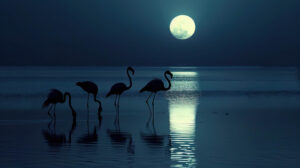 Flamingos bathed in moonlight grace a tranquil night scene their silhouettes mirrored in the serene waters in this wallpaper