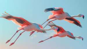 Flamingos soar gracefully through the sky their wings outstretched in a stunning wallpaper featuring a clear blue backdrop