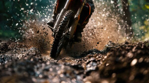 Get a wallpaper capturing the excitement of off road racing as a dirt bike speeds through a muddy trail kicking up dirt with the rider leaning into a sharp turn