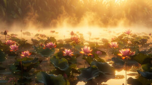 Golden light illuminates lotus flowers in a misty sunrise scene at a tranquil pond. Download as wallpaper lotus pond sunrise.jpg