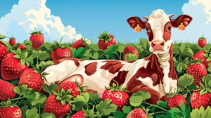 In this wallpaper a delightful design showcases a strawberry cow relaxing amidst a field of oversized strawberries under a vibrant blue sky