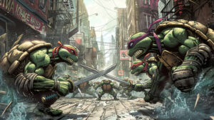 Ninja Turtles go head to head with their rival Shredder in an urban battlefield a wallpaper showing an epic showdown scene