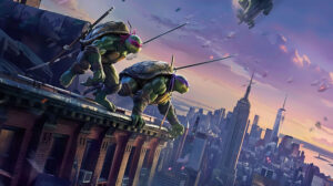 Ninja Turtles leaping over New York City rooftops with the skyline in the background Dynamic Ninja Turtles Rooftop Wallpaper.jpg