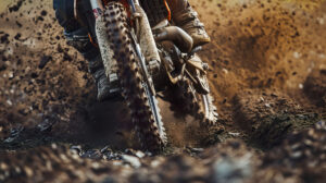 Observing a dirt bike navigating a muddy trail kicking up dirt as the rider leans into a sharp turn captures the essence of exhilarating off road racing