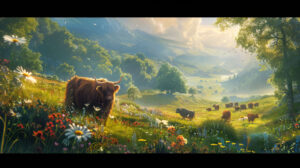 Picture a serene moment with a herd of Highland cows peacefully grazing in a sunlit meadow encircled by wildflowers and tall grasses