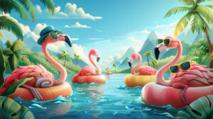 Playful wallpaper featuring flamingos in sunglasses and sun hats relaxing on inflatable pool floats in a tropical paradise setting