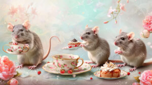 Rats enjoying a tea party with miniature teacups and pastries in a whimsical illustration against a soft pastel background can be found in rat tea party wallpaper.jpg