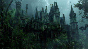 Scenic wallpaper capturing a Gothic mansion enveloped in ivy clad walls and tall spires set amidst a spooky dense forest a captivating sight