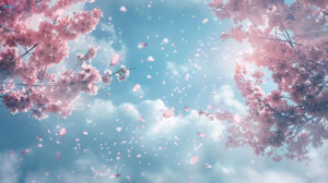 Scenic wallpaper of cherry blossoms in full bloom petals cascading like snow against a serene blue sky
