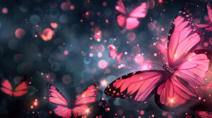 Softly glowing pink butterflies adorn a dark starry backdrop creating a dreamy scene reminiscent of a magical night