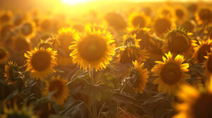 Sunflowers in a field glow under the setting sun their yellow petals radiating brightness and joy capturing a cheerful scene
