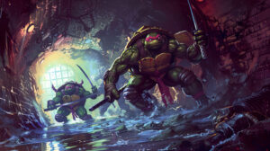 The Ninja Turtles armed and poised for battle are captured in a thrilling scene within their underground lair in the sewer
