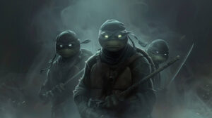 The image showcases the Ninja Turtles emerging from shadows with glowing eyes and weapons at the ready in a captivating wallpaper titled The Ninja Turtles Emergence