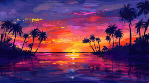 The setting sun over a tropical paradise casting palm tree silhouettes against a colorful sky painted in hues of orange pink and purple