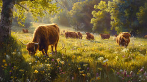 The wallpaper showcases a serene view of Highland cows peacefully grazing in a sunlit meadow surrounded by wildflowers and tall grasses
